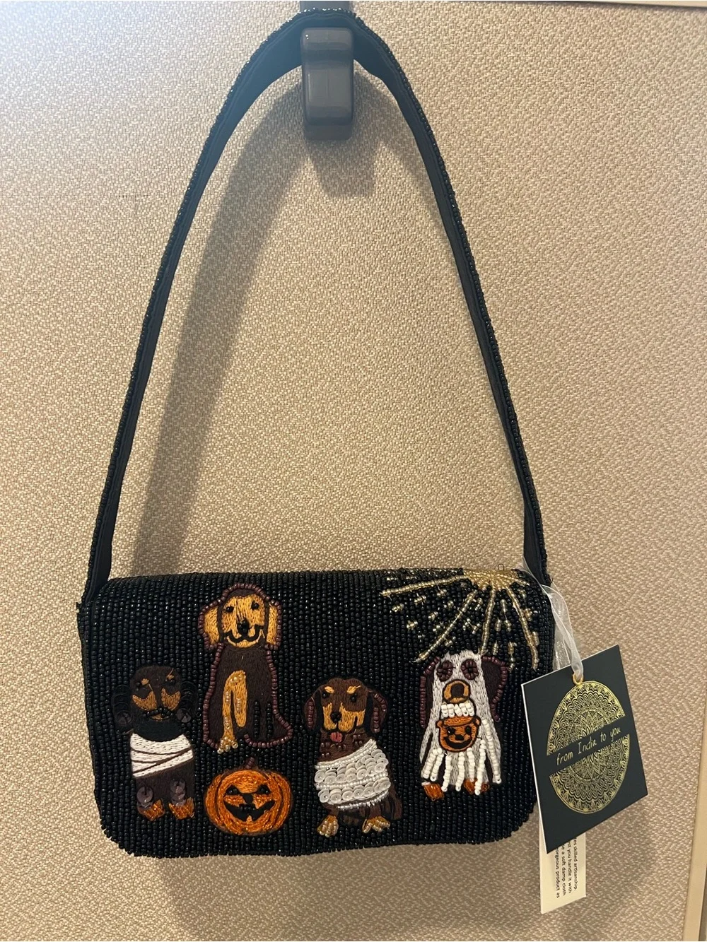 Beaded Halloween Dog Motif Shoulder Bag - Black